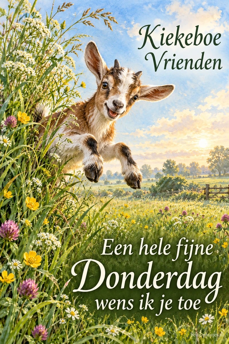 Een jong geitje springt in de lente tussen bloeiende veldbloemen, met de tekst Kiekeboe Vrienden Een hele fijne Donderdag wens ik je toe.