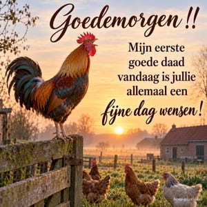 Een haan kraait bij zonsopkomst op een hek boven scharrelende kippen, met de tekst Goedemorgen !! Mijn eerste goede daad vandaag is jullie allemaal een fijne dag wensen!