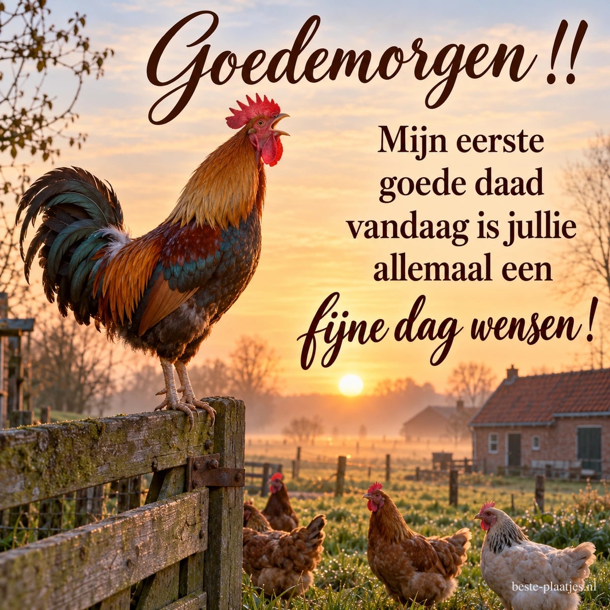 Een haan kraait bij zonsopkomst op een hek boven scharrelende kippen, met de tekst Goedemorgen !! Mijn eerste goede daad vandaag is jullie allemaal een fijne dag wensen!