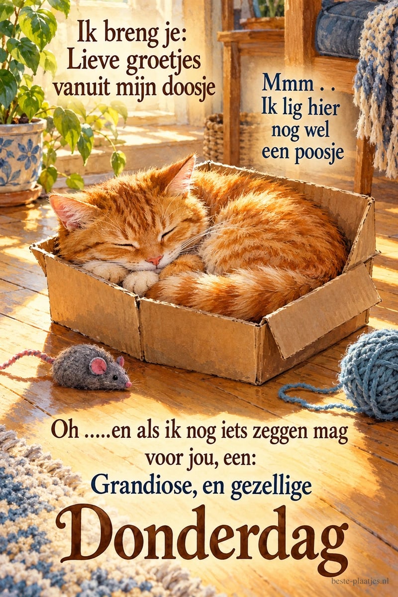 Een rood-witte kat hangt slapend over een doos op een blauwe vensterbank met grachtzicht, bij de groet Grandiose, en gezellige Donderdag.