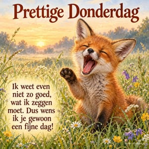 Een vosje gaapt met een geheven poot tussen veldbloemen bij zonsopkomst, met Prettige Donderdag en een wens voor een fijne dag.