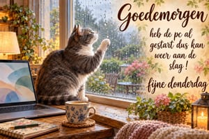 Een kat zit naast een laptop en een kop thee bij een raam met regendruppels, met de begroetingen Goedemorgen en fijne donderdag.
