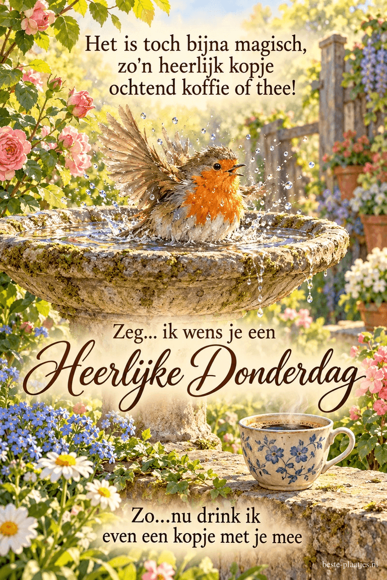 Een roodborstje baadt naast een koffiekopje in een bloeiende tuin in de zomer, met de wens Heerlijke Donderdag.