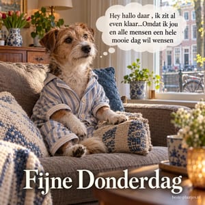 Een hondje in pyjama zit op een bank bij een raam met tulpen in de lente, met een tekstballon en de groet Fijne Donderdag.