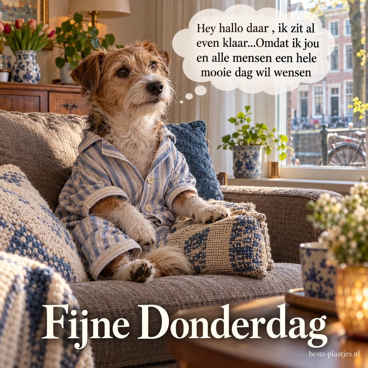 Een hondje in pyjama zit op een bank bij een raam met tulpen in de lente, met een tekstballon en de groet Fijne Donderdag.