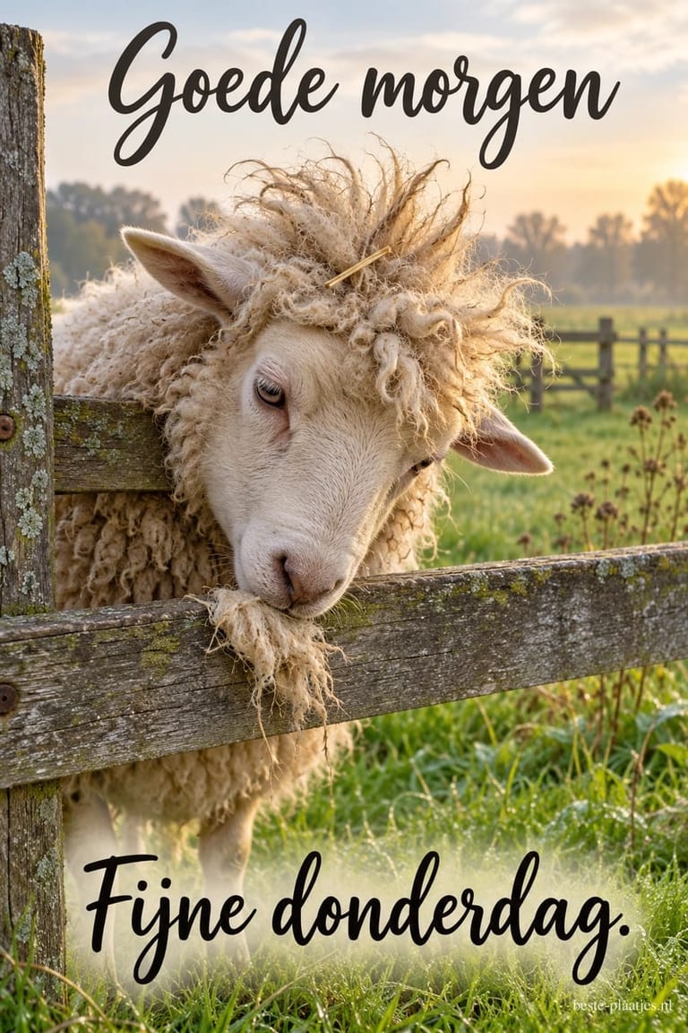 Een schaap met stro in zijn warrige kuif leunt over een houten hek in een weiland, onder 'Goede morgen' en boven 'Fijne donderdag'.
