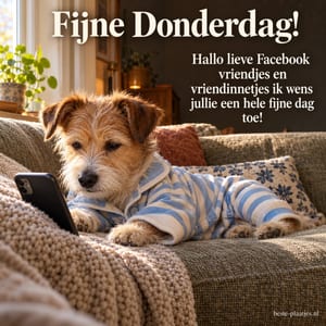 Een hondje in een gestreepte pyjama ligt met een telefoon op de bank, met de tekst Fijne Donderdag! en een groet aan Facebookvrienden.