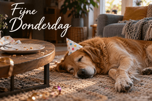 Een golden retriever met een gestippeld feesthoedje slaapt naast een salontafel met kruimels en een leeg bord, onder de tekst Fijne Donderdag.