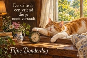 Een roodwitte kat ligt op een houten vensterbank met een poot op een wekker, naast bloemen en de tekst Fijne Donderdag.