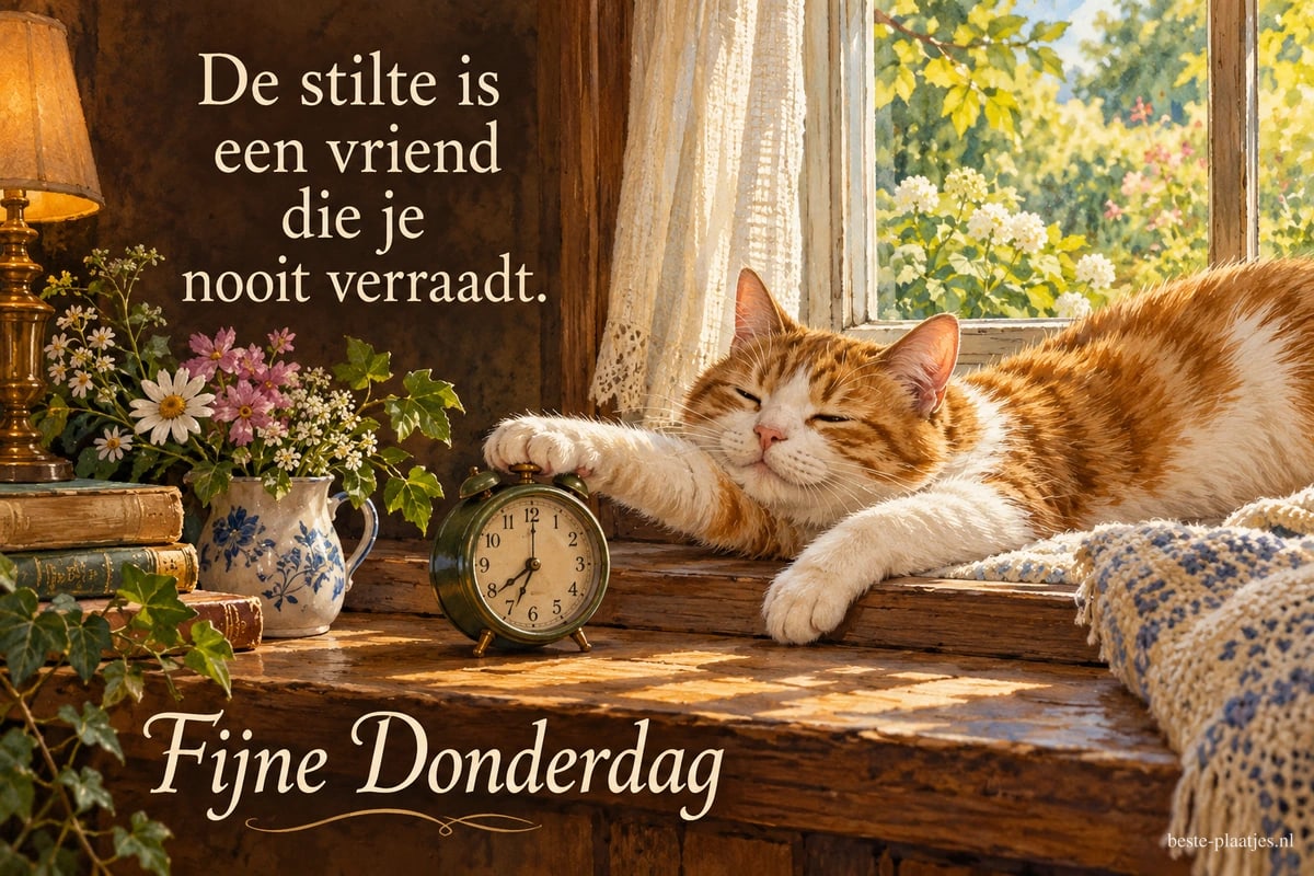 Een roodwitte kat ligt op een houten vensterbank met een poot op een wekker, naast bloemen en de tekst Fijne Donderdag.