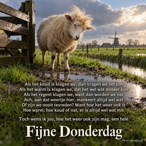 Een schaap met verwaaide wol staat naast een hek bij een plas, met een molen op de achtergrond en de wens Fijne Donderdag.