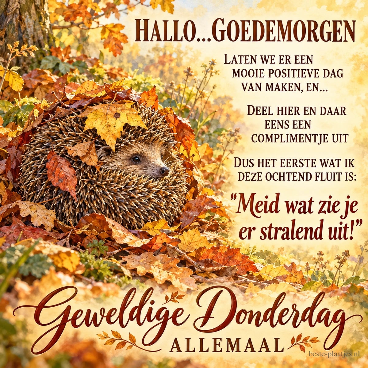 Een egel ligt in de herfst tussen kleurrijke bladeren, naast een compliment en de wensen HALLO...GOEDEMORGEN en Geweldige Donderdag ALLEMAAL.