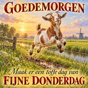Een geit springt boven een modderig pad bij een sloot en een molen, met de tekst GOEDEMORGEN Maak er een toffe dag van FIJNE DONDERDAG.