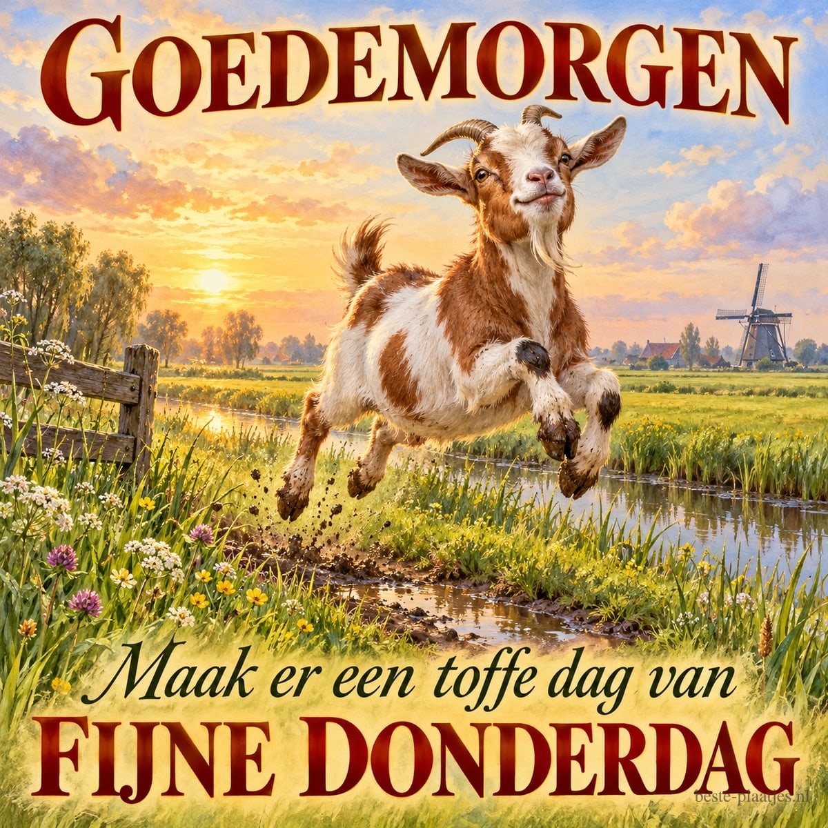 Een geit springt boven een modderig pad bij een sloot en een molen, met de tekst GOEDEMORGEN Maak er een toffe dag van FIJNE DONDERDAG.