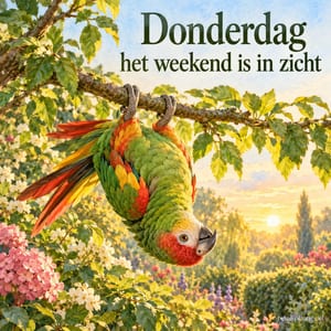 Een groene papegaai hangt ondersteboven aan een tak tussen bladeren en bloesem, met de tekst Donderdag het weekend is in zicht.