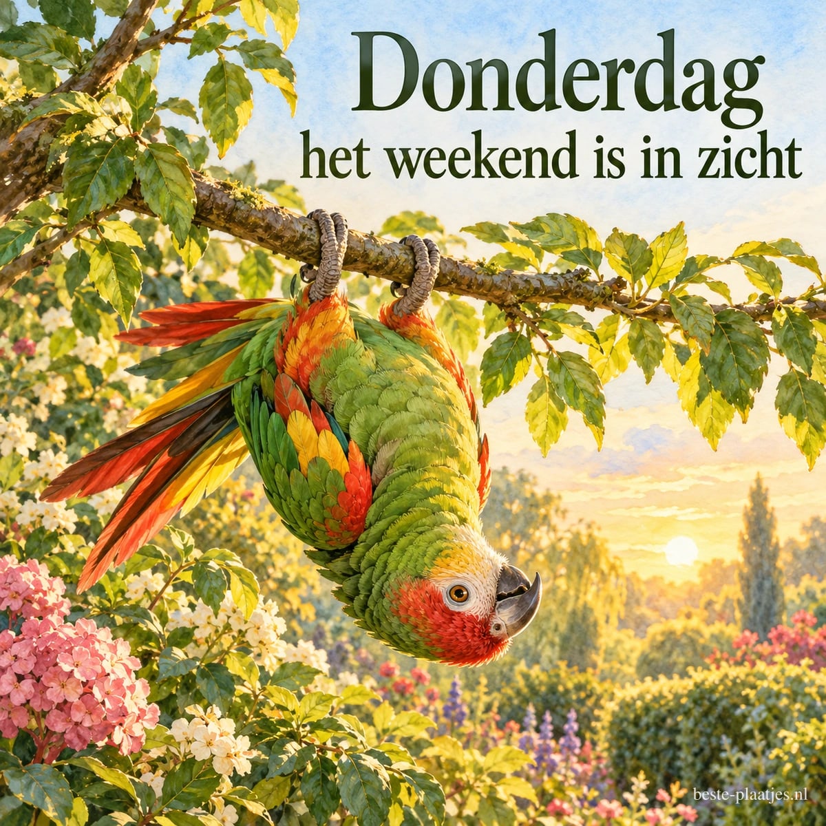 Een groene papegaai hangt ondersteboven aan een tak tussen bladeren en bloesem, met de tekst Donderdag het weekend is in zicht. Een groene papegaai hangt ondersteboven aan een tak tussen bladeren en bloesem, met de tekst Donderdag het weekend is in zicht.