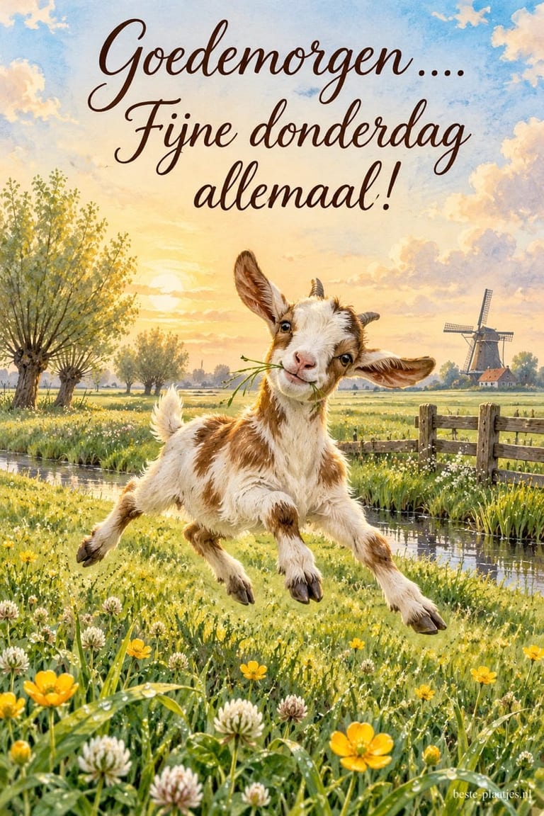 Een geitje springt in de lente door een bloemenweide naast een sloot, met knotwilgen en een molen op de achtergrond en de tekst Goedemorgen.... Fijne donderdag allemaal!