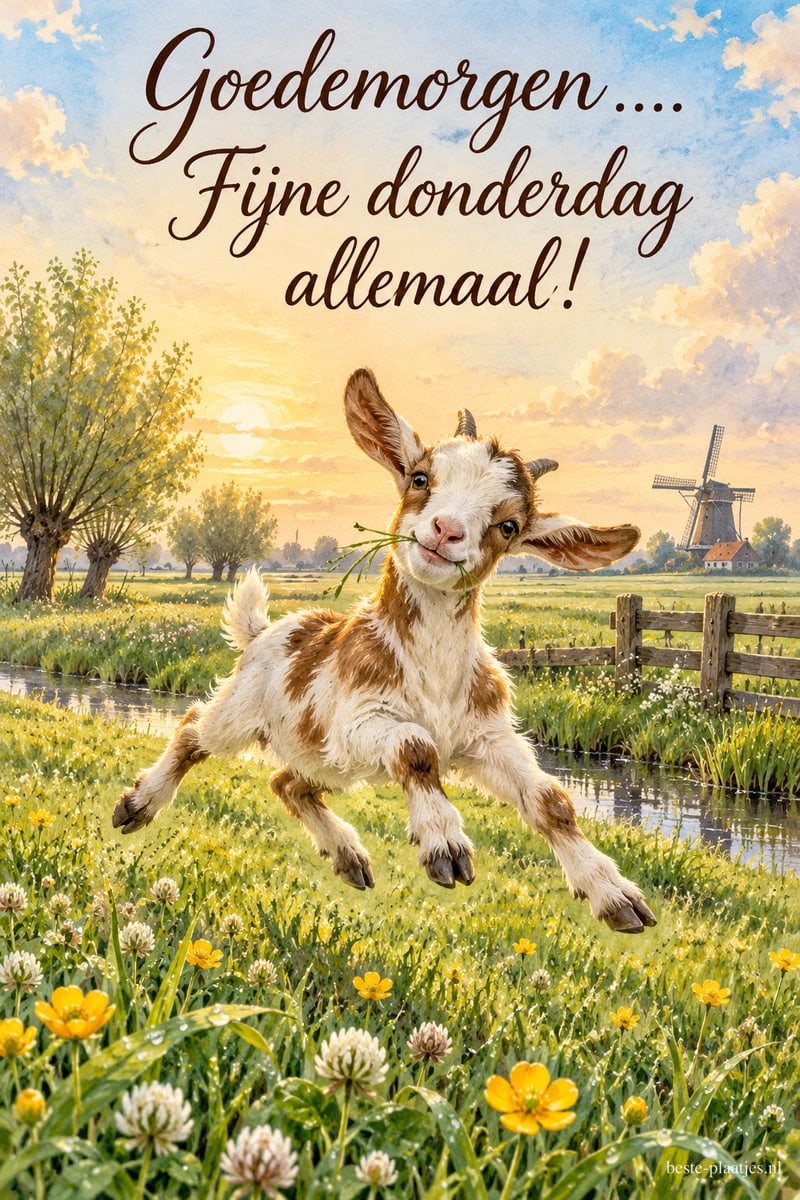 Een geitje springt in de lente door een bloemenweide naast een sloot, met knotwilgen en een molen op de achtergrond en de tekst Goedemorgen.... Fijne donderdag allemaal!