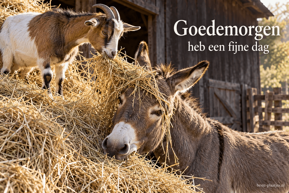 Een geit staat op een hooibaal boven een ezel met hooi op zijn hoofd, naast de tekst Goedemorgen heb een fijne dag.