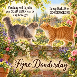 Twee katten begroeten elkaar op een tuinmuur onder bloesem in de lente, met de teksten GOED BEGIN, HALLO en GOEDEMORGEN en Fijne Donderdag.