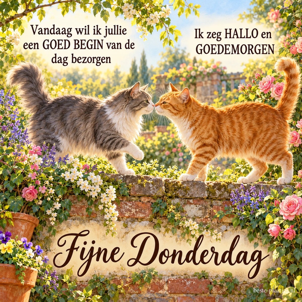 Twee katten begroeten elkaar op een tuinmuur onder bloesem in de lente, met de teksten GOED BEGIN, HALLO en GOEDEMORGEN en Fijne Donderdag. Twee katten begroeten elkaar op een tuinmuur onder bloesem in de lente, met de teksten GOED BEGIN, HALLO en GOEDEMORGEN en Fijne Donderdag.