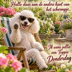 Een witte poedel met zonnebril steekt zijn poot op vanuit een gestreepte tuinstoel tussen bloeiende planten, met de tekst Ik wens jullie een Toppie Donderdag.