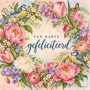 Twee pimpelmezen en vlinders omringen een bloemenkrans met een roze tulp en pioenrozen, rond de tekst VAN HARTE gefeliciteerd.