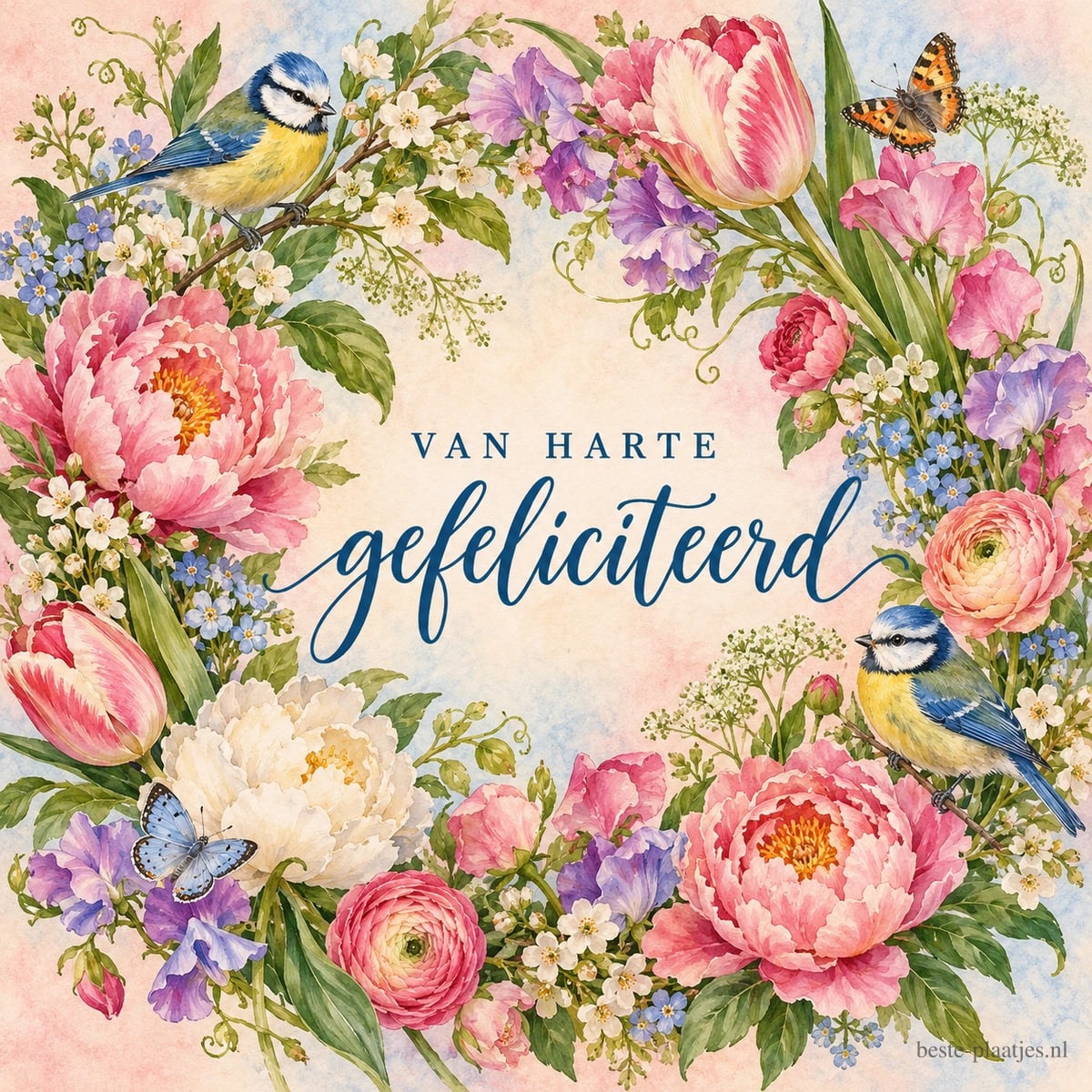 Twee pimpelmezen en vlinders omringen een bloemenkrans met een roze tulp en pioenrozen, rond de tekst VAN HARTE gefeliciteerd.