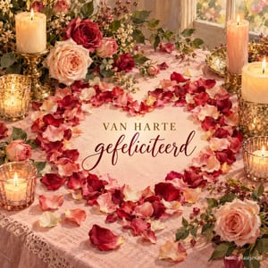 Een hart van rode en roze rozenblaadjes ligt tussen rozen en brandende kaarsen op een gedekte tafel, met de tekst VAN HARTE gefeliciteerd.