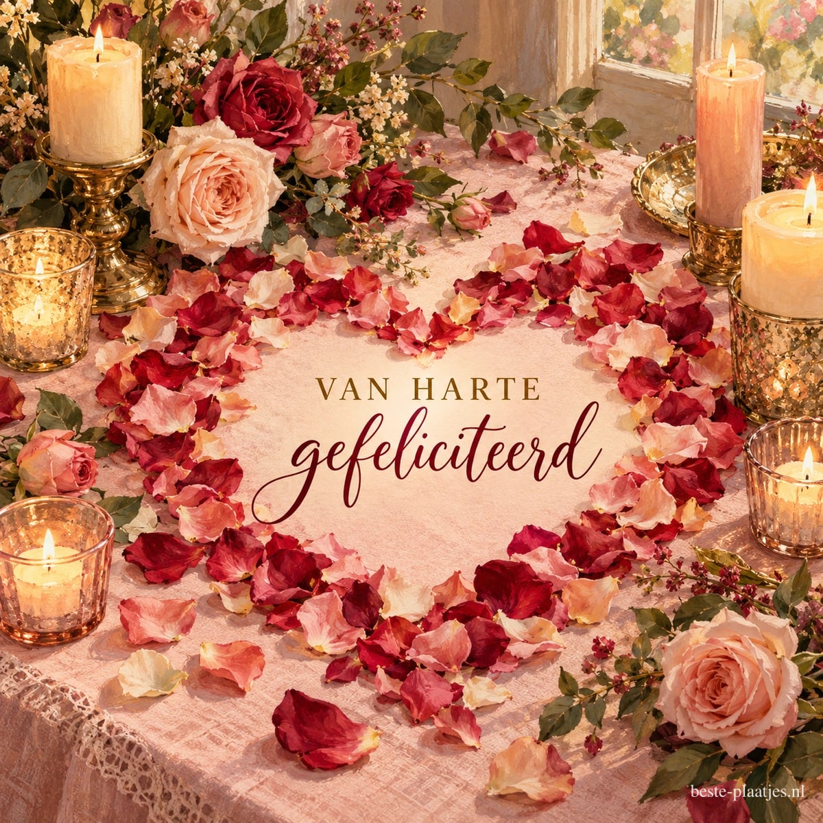 Een hart van rode en roze rozenblaadjes ligt tussen rozen en brandende kaarsen op een gedekte tafel, met de tekst VAN HARTE gefeliciteerd.
