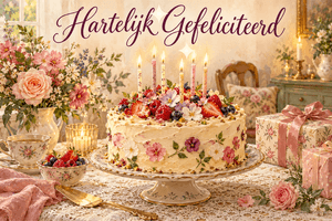 Een taart versierd met bloemen, fruit en brandende kaarsjes staat tussen cadeaus en een boeket, met bovenaan de tekst Hartelijk Gefeliciteerd.