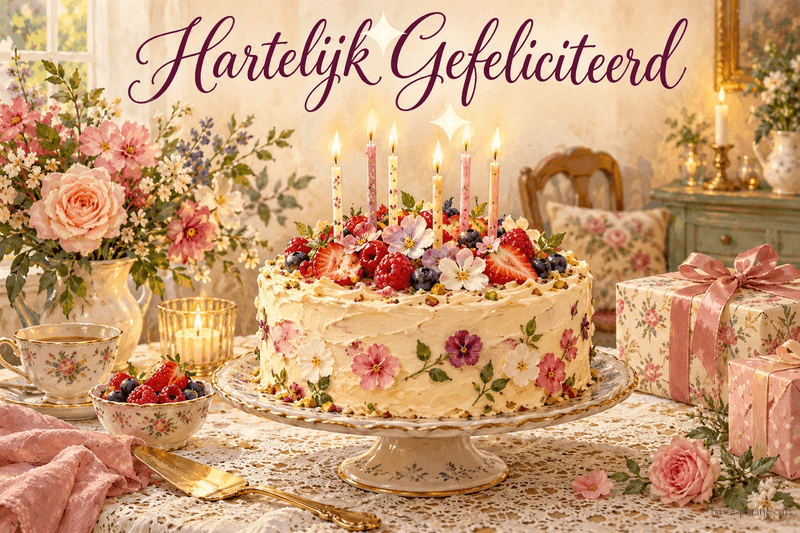 Een taart versierd met bloemen, fruit en brandende kaarsjes staat tussen cadeaus en een boeket, met bovenaan de tekst Hartelijk Gefeliciteerd.