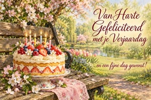 Een taart staat onder bloesem naast een vijver, met de tekst Van Harte Gefeliciteerd met je Verjaardag en een fijne dag gewenst!