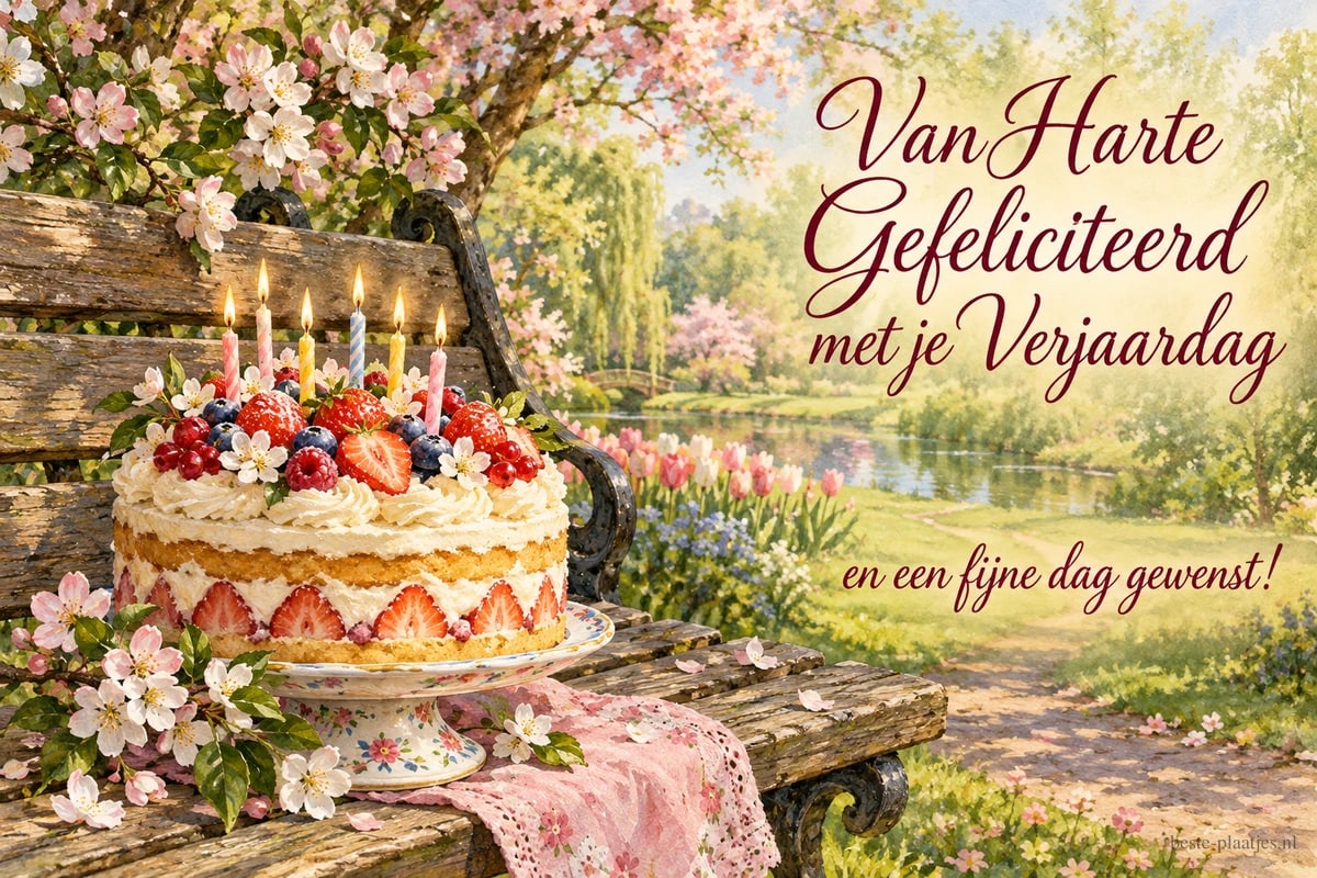 Een taart staat onder bloesem naast een vijver, met de tekst Van Harte Gefeliciteerd met je Verjaardag en een fijne dag gewenst!