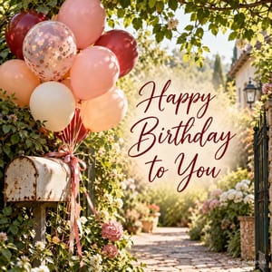 Bij een verweerde brievenbus hangen roze, witte en donkerrode ballonnen boven een bloemrijk tuinpad, naast de tekst Happy Birthday To You.
