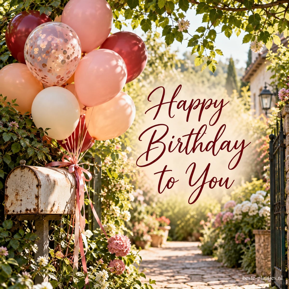 Bij een verweerde brievenbus hangen roze, witte en donkerrode ballonnen boven een bloemrijk tuinpad, naast de tekst Happy Birthday To You.
