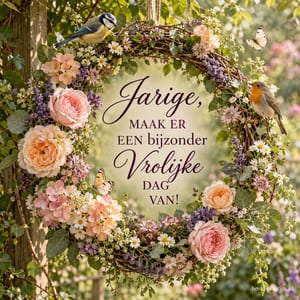 Een bloemenkrans met vogels en vlinders hangt tussen het groen in de lente, met de tekst Jarige, MAAK ER EEN bijzonder Vrolijke DAG VAN!