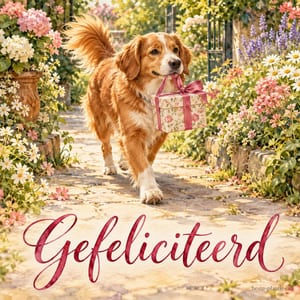 Een goudbruine hond loopt tussen kleurrijke bloemen met een cadeau aan een roze lint in zijn bek, boven de tekst Gefeliciteerd.