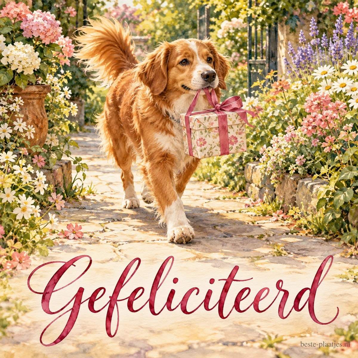 Een goudbruine hond loopt tussen kleurrijke bloemen met een cadeau aan een roze lint in zijn bek, boven de tekst Gefeliciteerd.
