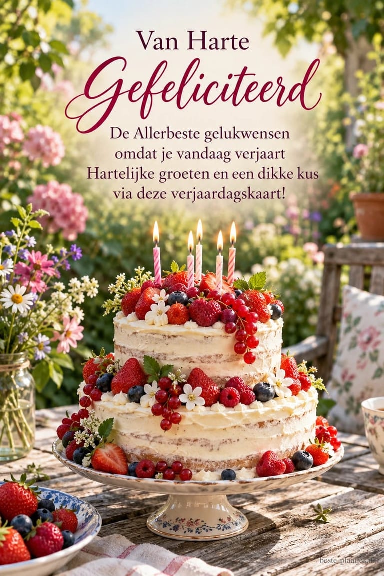 Boven een vruchtentaart met kaarsjes in de tuin staat: Van Harte Gefeliciteerd De Allerbeste gelukwensen omdat je vandaag verjaart Hartelijke groeten en een dikke kus via deze verjaardagskaart!