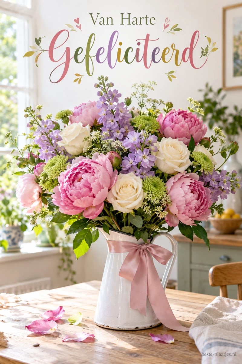 Een boeket met roze pioenrozen, witte rozen en paarse bloemen staat in een witte kan met een roze strik, onder de tekst Van Harte Gefeliciteerd.