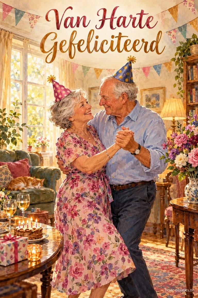 Een oudere vrouw en man dansen met feesthoedjes tussen bloemen en vlaggetjes in een gezellige woonkamer, met boven hen de tekst Van Harte Gefeliciteerd.