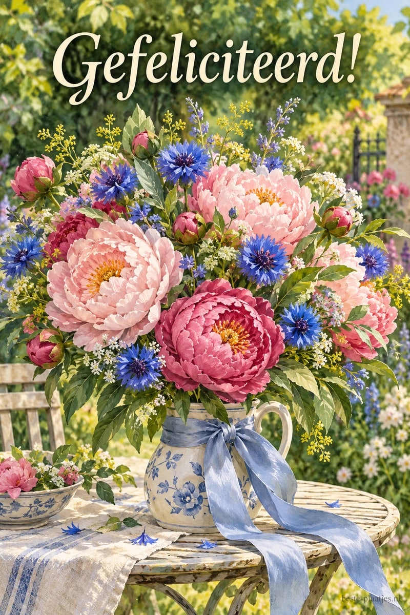 Roze pioenrozen en blauwe korenbloemen staan in een witte kan met blauw bloemmotief op een tuintafel, onder de tekst Gefeliciteerd!