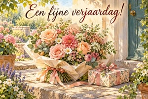 Een boeket met roze rozen en andere bloemen staat naast een cadeau op een stenen stoep bij de tekst Een fijne verjaardag!