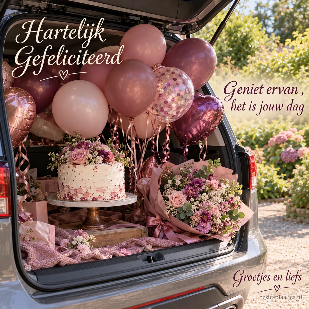 Een open kofferbak bevat ballonnen, bloemen en taart, met de teksten Hartelijk Gefeliciteerd, Geniet ervan, het is jouw dag en Groetjes en liefs.