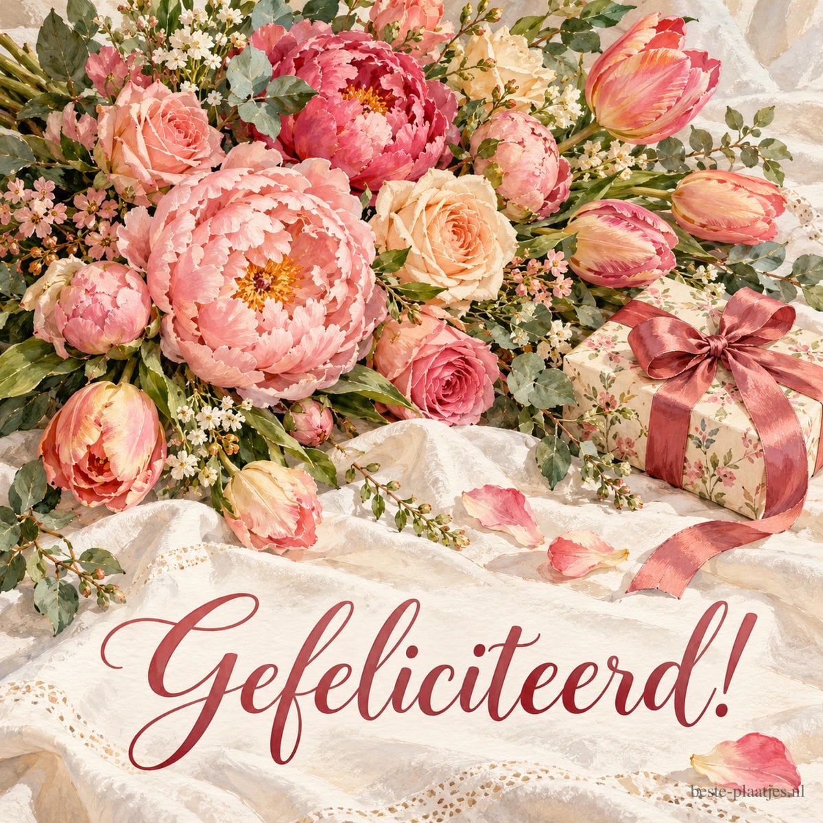 Een boeket met rozen, pioenrozen en een tulp ligt naast een cadeau op kant, met de tekst Gefeliciteerd!