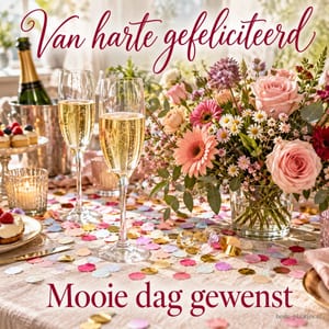 Champagneglazen, roze bloemen en confetti versieren een feesttafel, met de tekst Van harte gefeliciteerd Mooie dag gewenst.