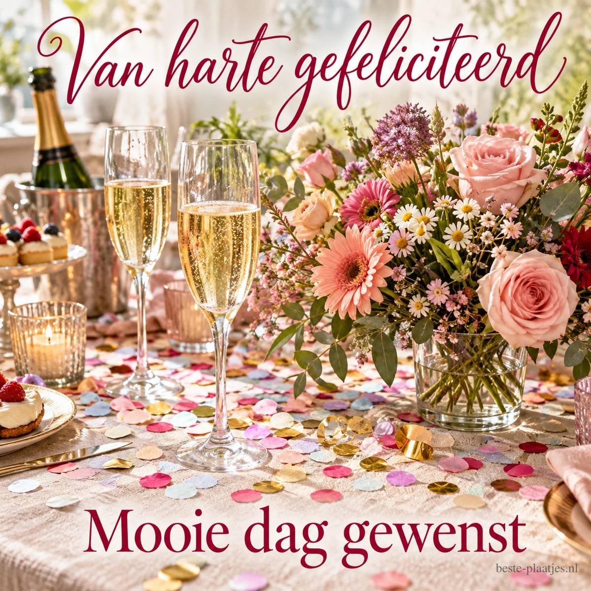 Champagneglazen, roze bloemen en confetti versieren een feesttafel, met de tekst Van harte gefeliciteerd Mooie dag gewenst.