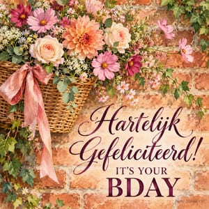 Een rieten mand met roze bloemen en een lange strik hangt aan een bakstenen muur, naast de tekst Hartelijk Gefeliciteerd! IT'S YOUR BDAY.