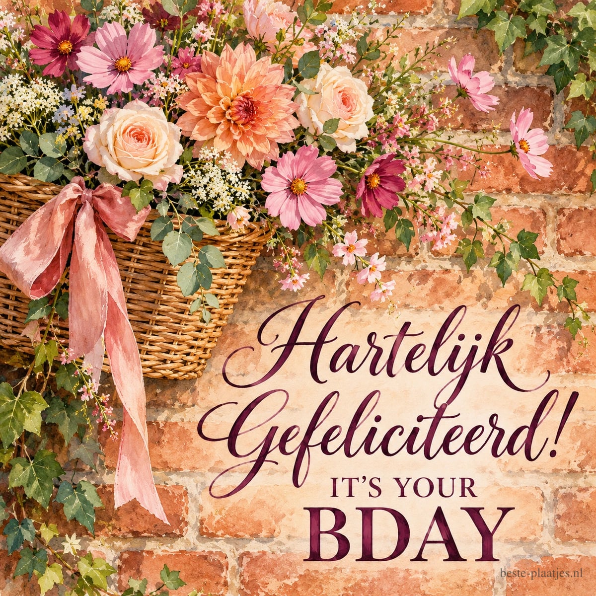 Een rieten mand met roze bloemen en een lange strik hangt aan een bakstenen muur, naast de tekst Hartelijk Gefeliciteerd! IT'S YOUR BDAY.